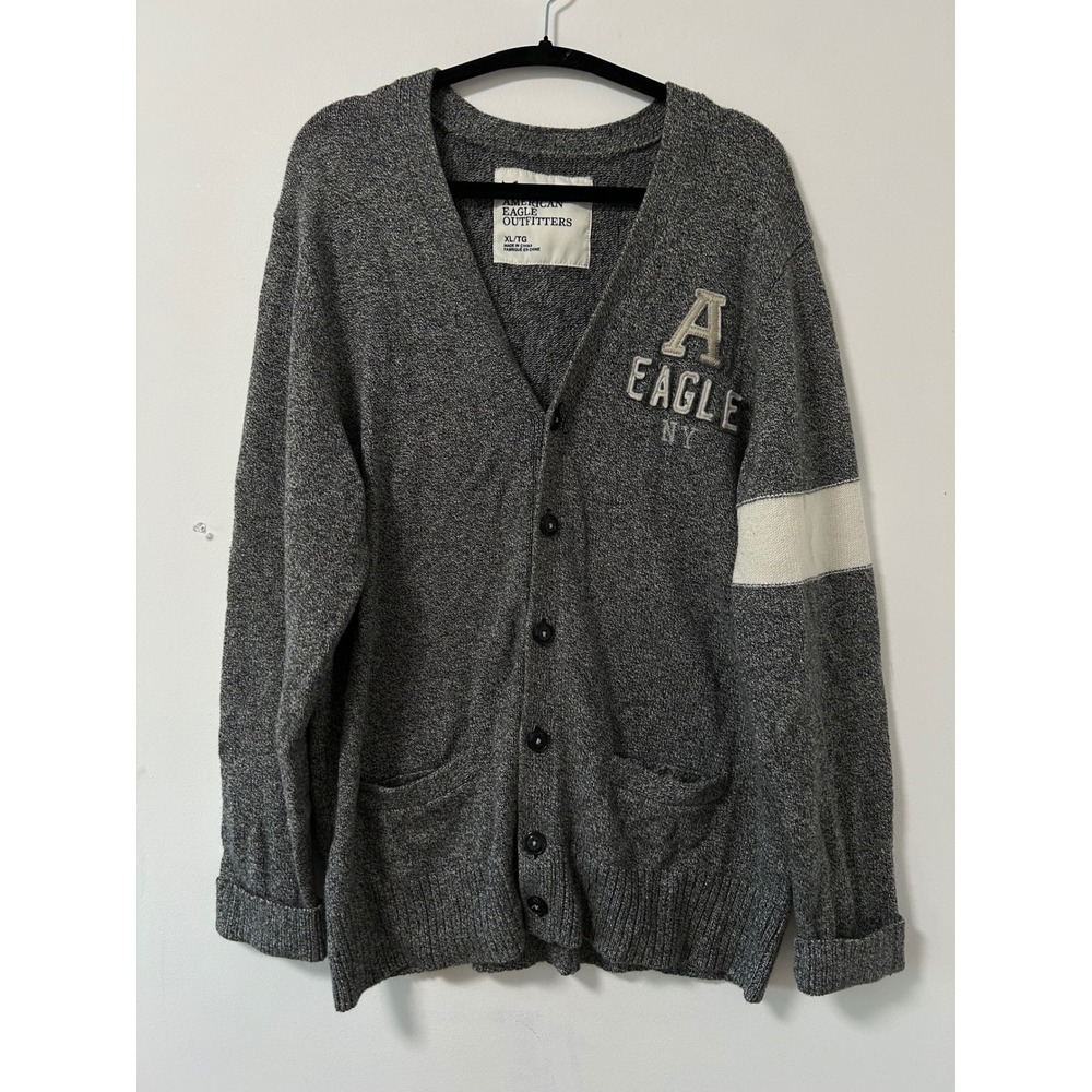 Y2K Vintage American Eagle Varsity Cardigan Mens XL Grey Marl Preppy Sweater